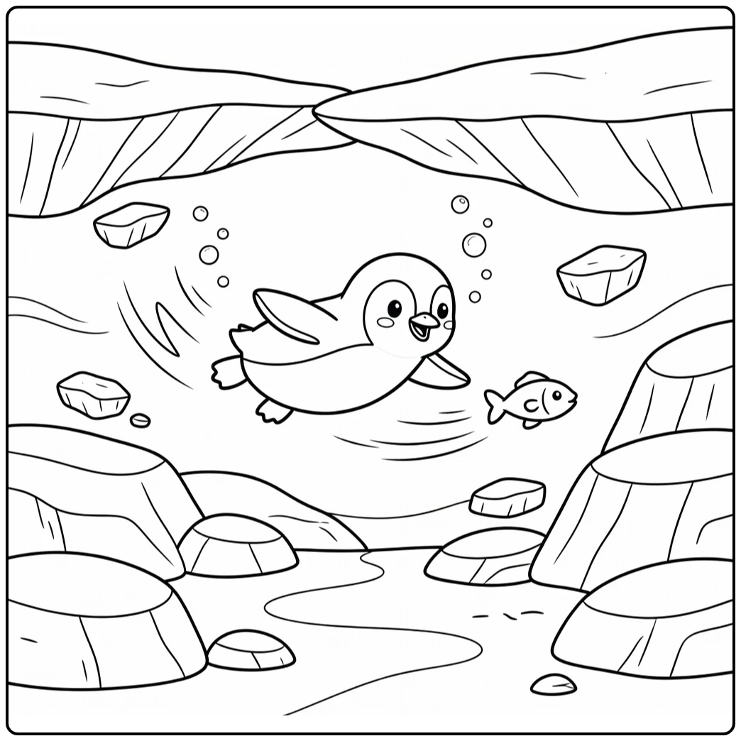 Penguin chasing fish under ice sea animal coloring page