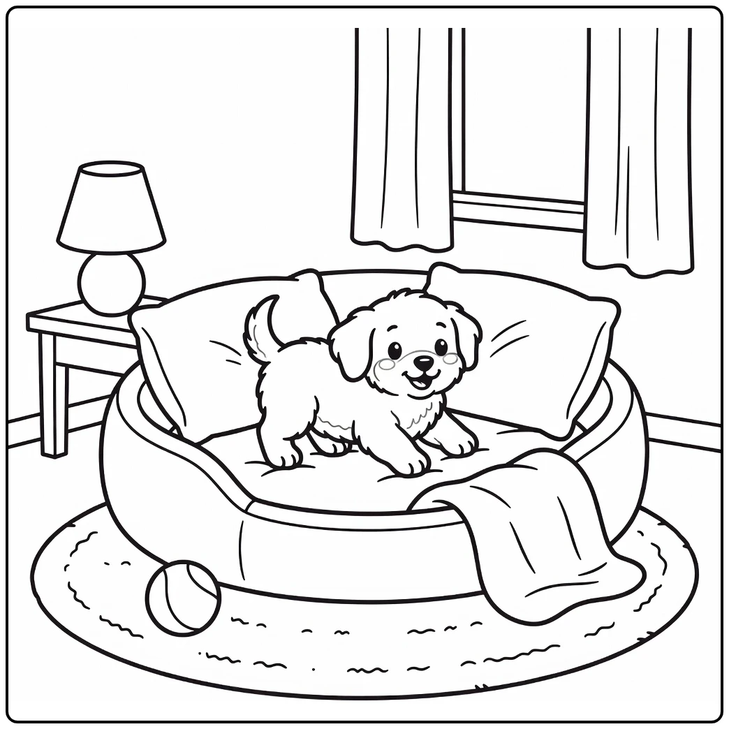 Dog bed coloring page: fluffy puppy settling in plush round bed