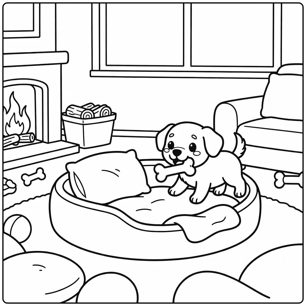Dog bed coloring page: puppy drags toy to oval bed by fireplace