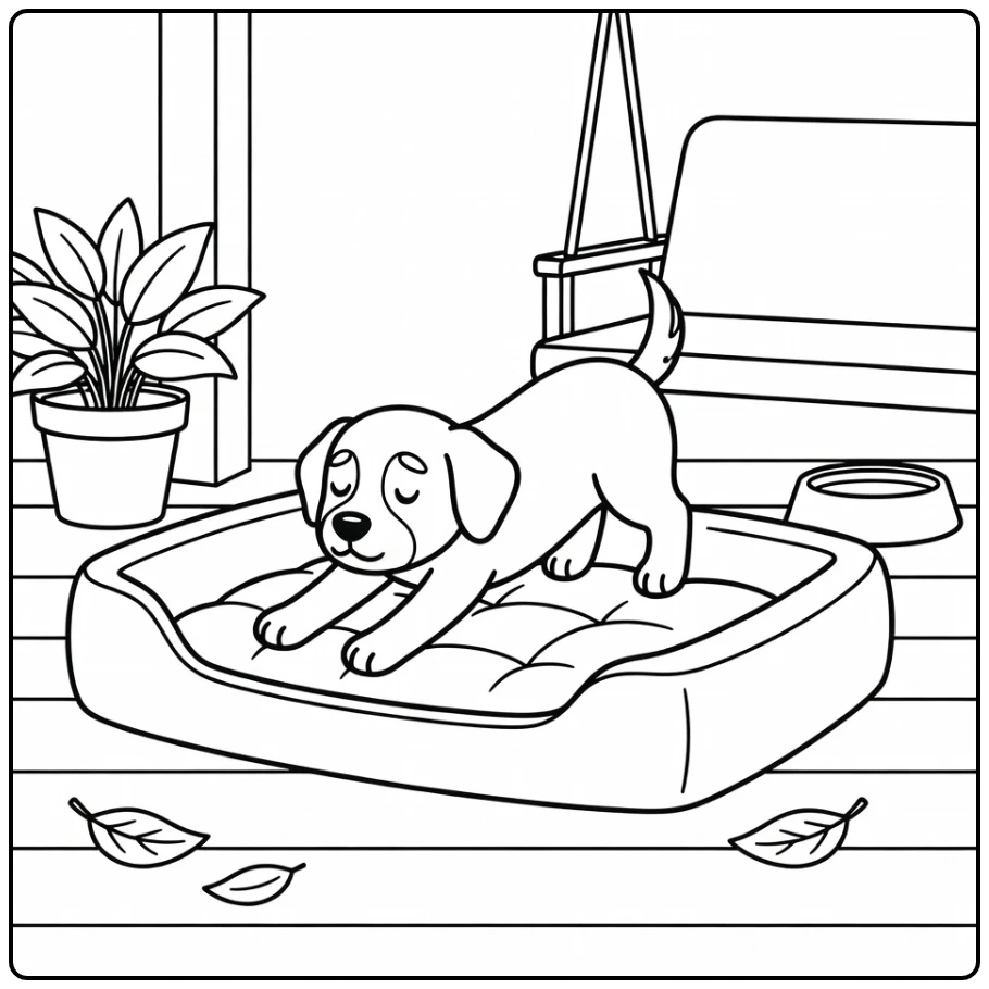 Dog bed coloring page: sleepy dog stretching on porch
