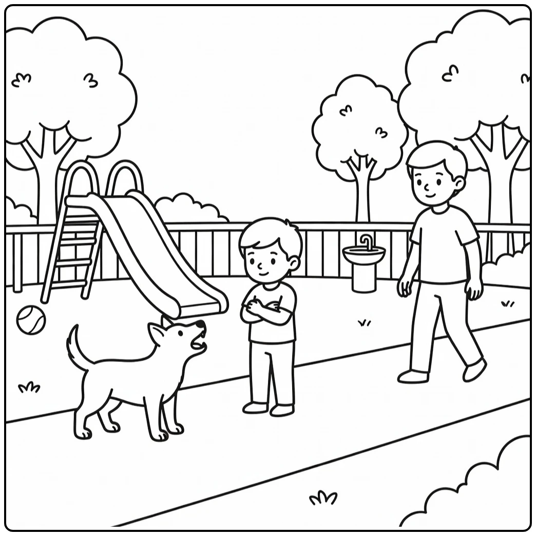 Dog bite prevention coloring pages: child still, barking dog