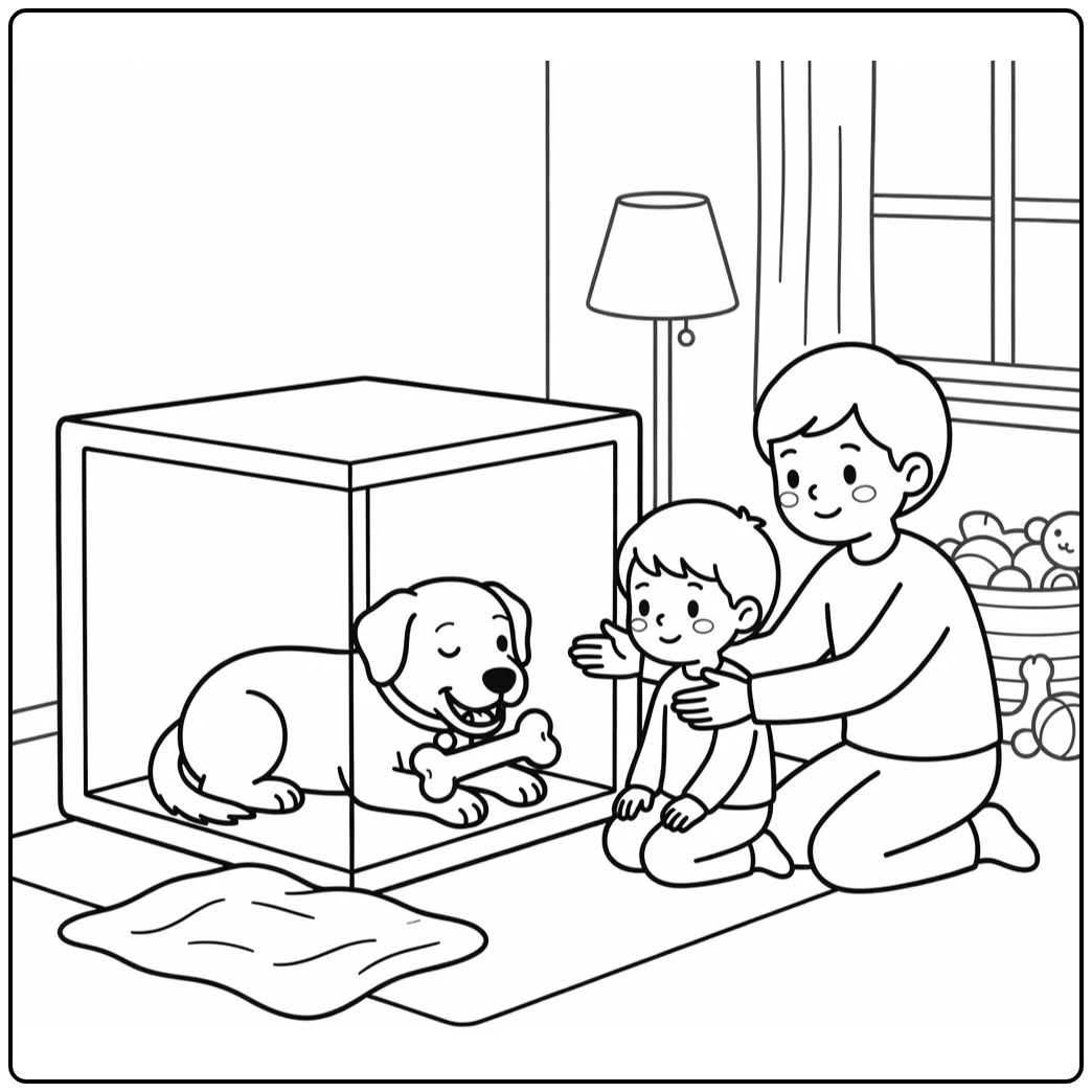 Dog bite prevention coloring pages: child respects crate space