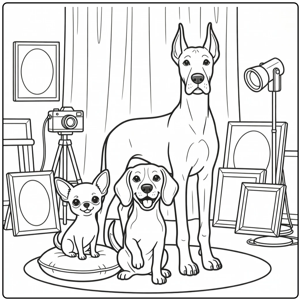 Dog breeds coloring pages: Chihuahua, Beagle, Great Dane studio