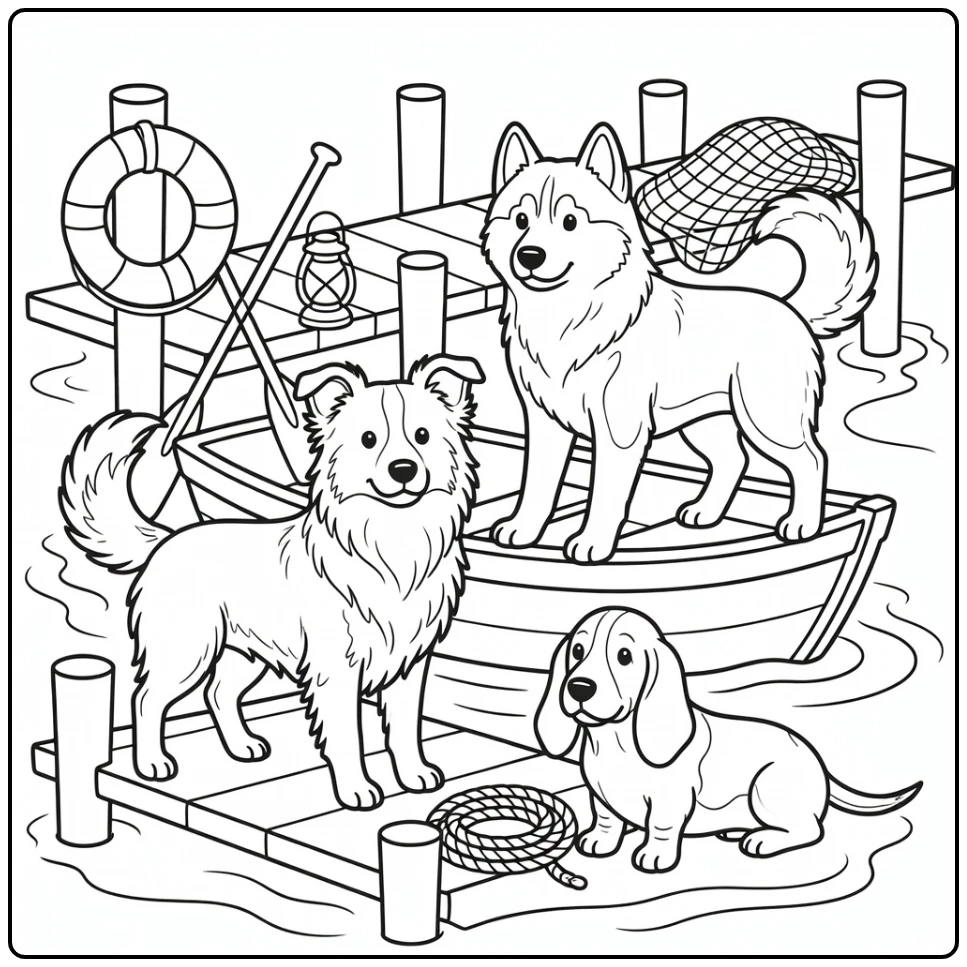 Dog breeds coloring pages: Border Collie, Husky & Basset on dock