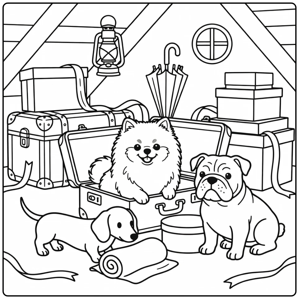 Dog breeds coloring pages: Pomeranian, Dachshund, Bulldog in attic