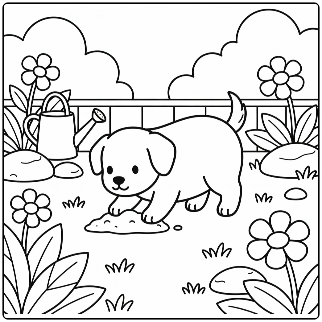 Dog clipart coloring page of curious pup digging by flower pot