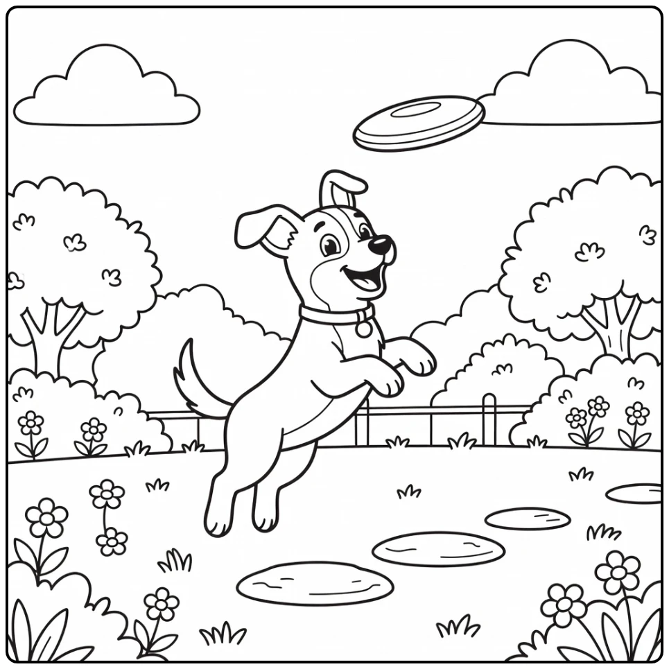 Dog clipart coloring page: cheerful pup leaps for flying disc