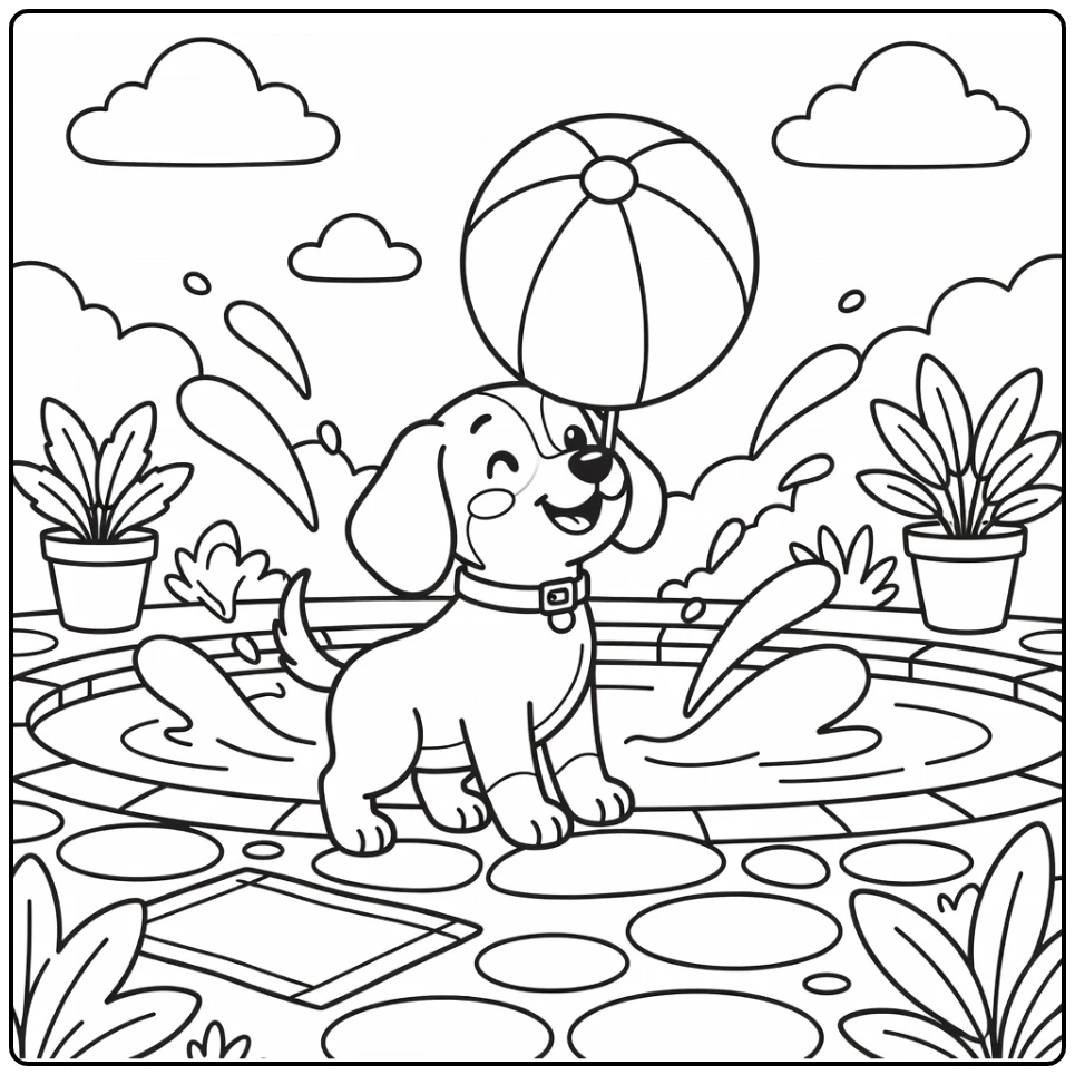 Dog clipart coloring page: pup balances beach ball by pool
