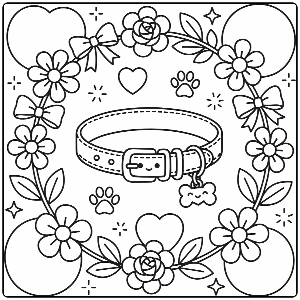 Dog collar coloring page with floral wreath, bows, paws