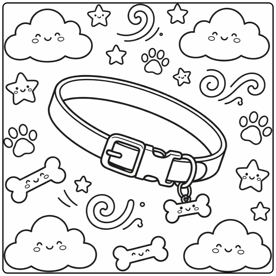 Dog collar coloring page: angled strap, buckle, charm with paw prints, stars