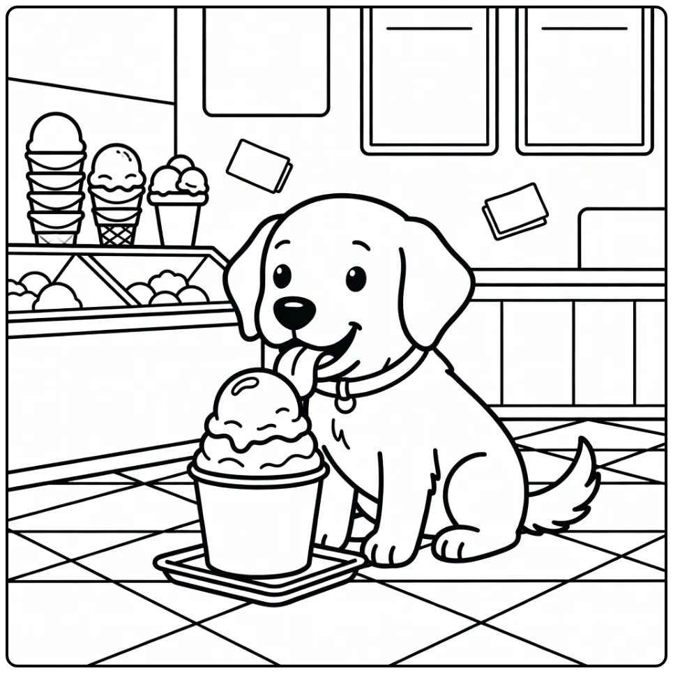 Dog eating ice cream coloring page: Golden Retriever licks treat at counter