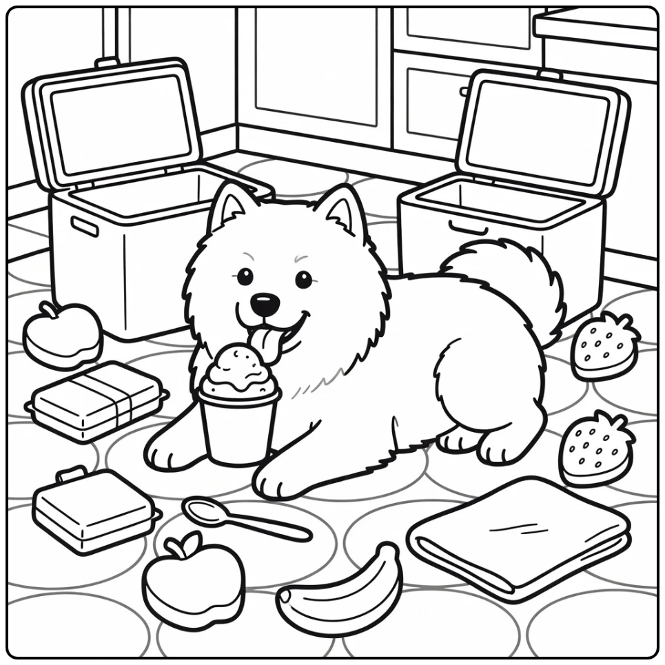 Dog eating ice cream coloring page: fluffy Samoyed licking treat
