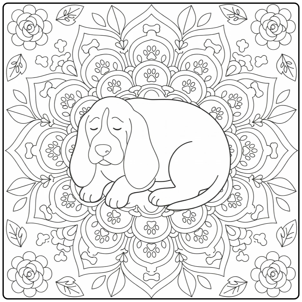 Dog mandala coloring pages: curled Basset Hound with floppy ears