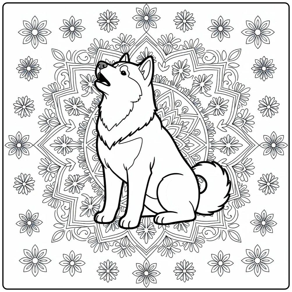 Dog mandala coloring pages: Husky howling in snowflake mandala