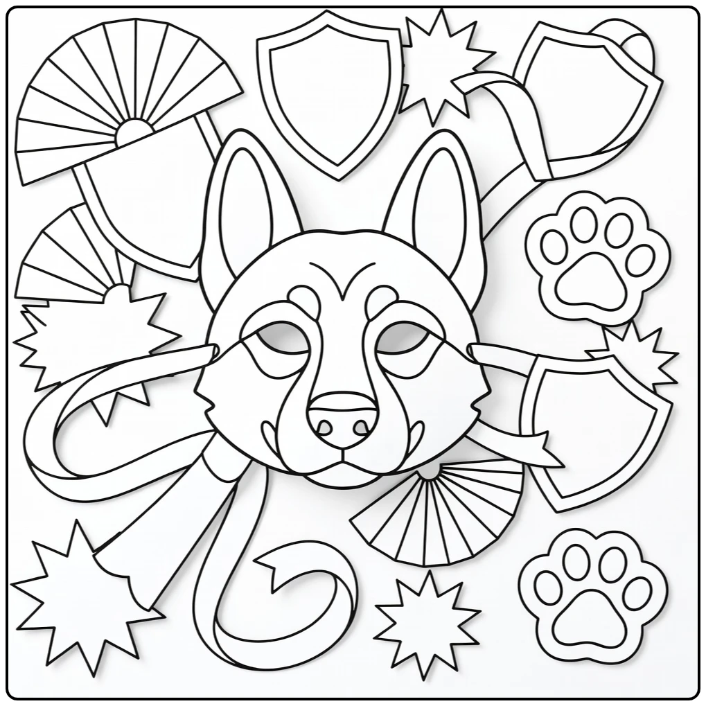 Dog mask coloring page: German Shepherd craft with ears, muzzle, decor