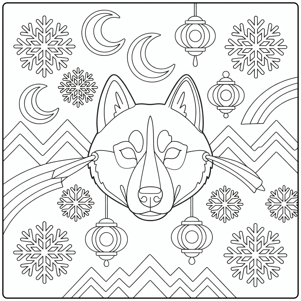 Dog mask coloring page: Siberian Husky mask with arctic motifs