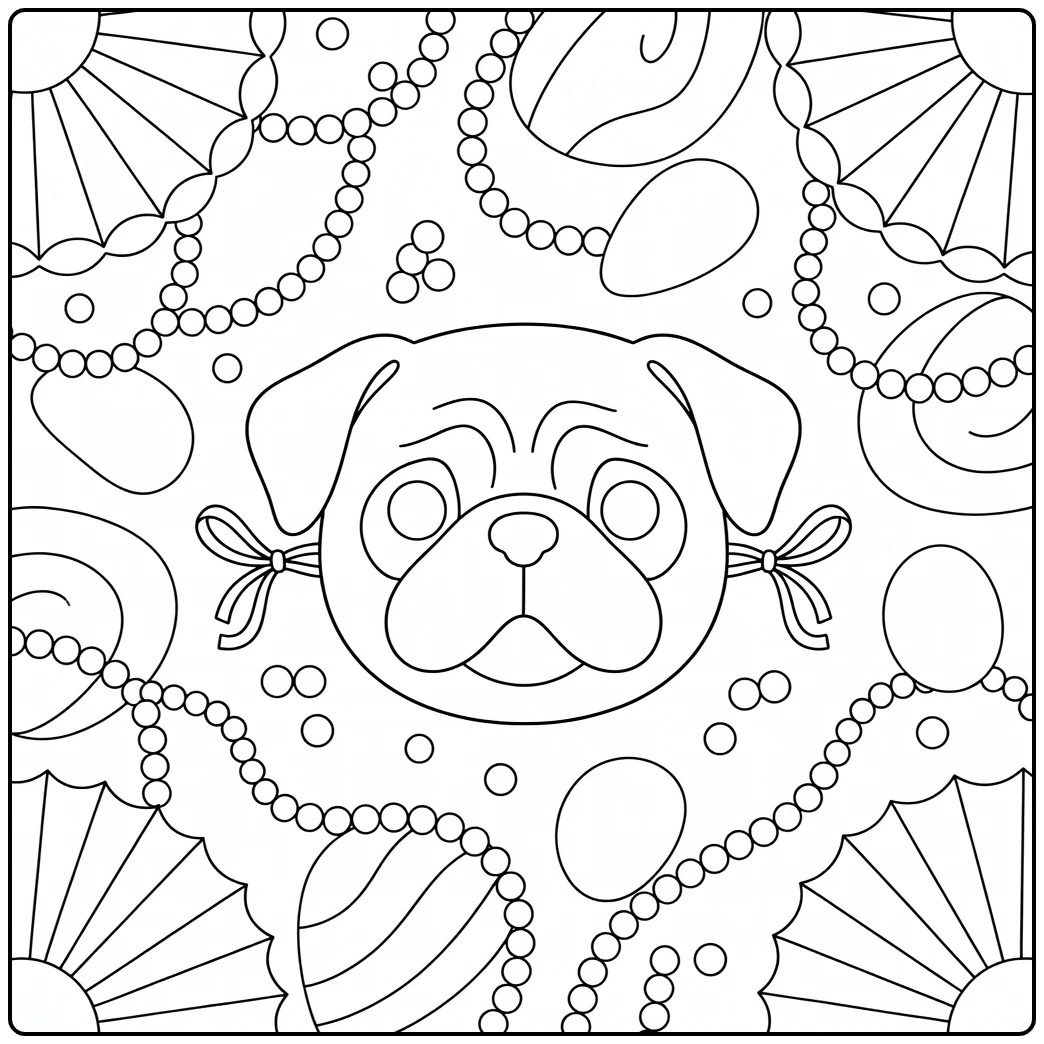 Dog mask coloring page: pug-style mask with carnival fans