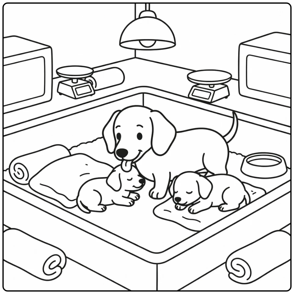 Dog mom coloring pages: Dachshund licking puppy in vet pen