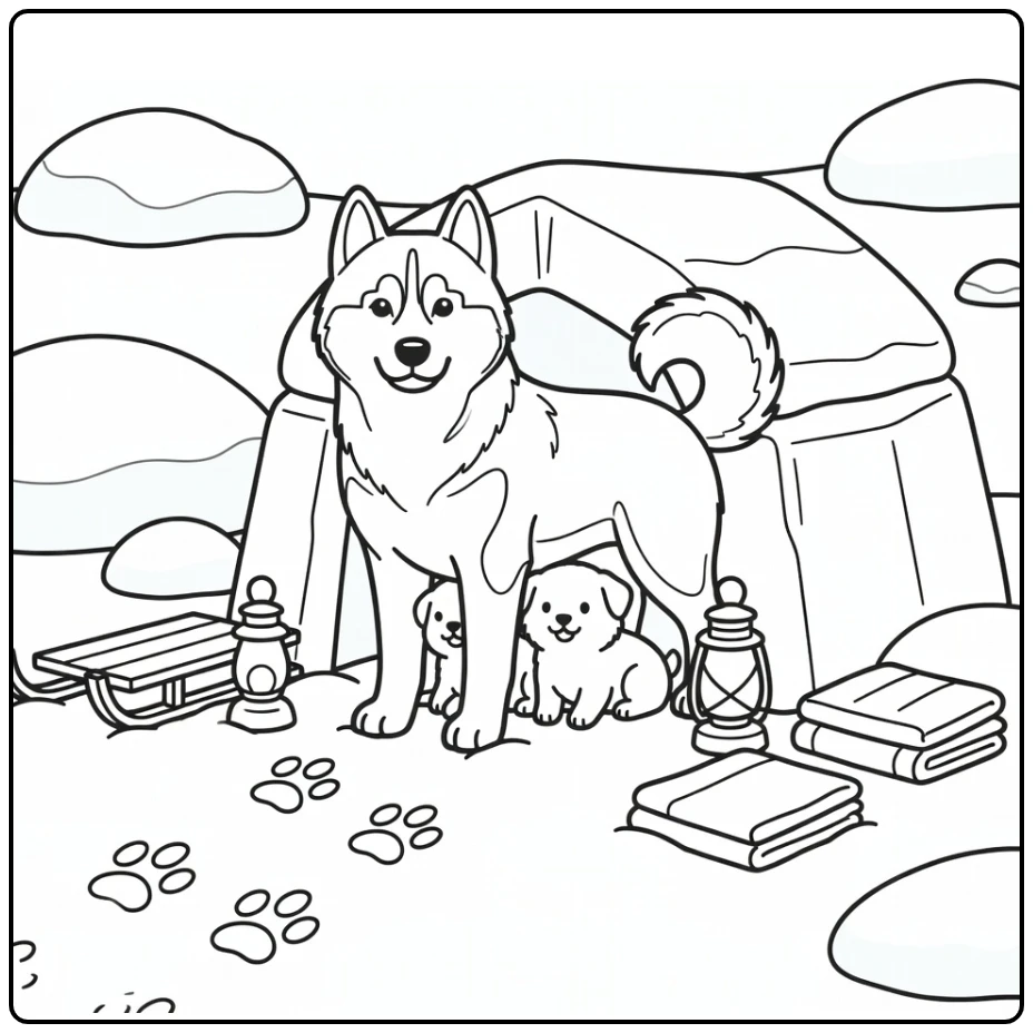 Dog mom coloring pages: Husky protects puppies in snow shelter