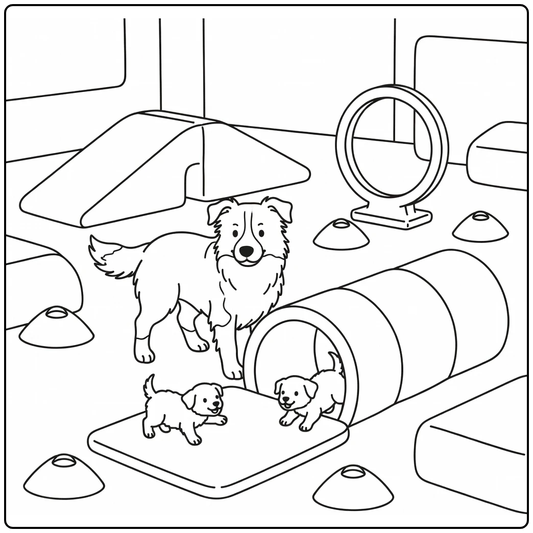 Dog mom coloring pages: Border Collie guiding puppies in tunnel