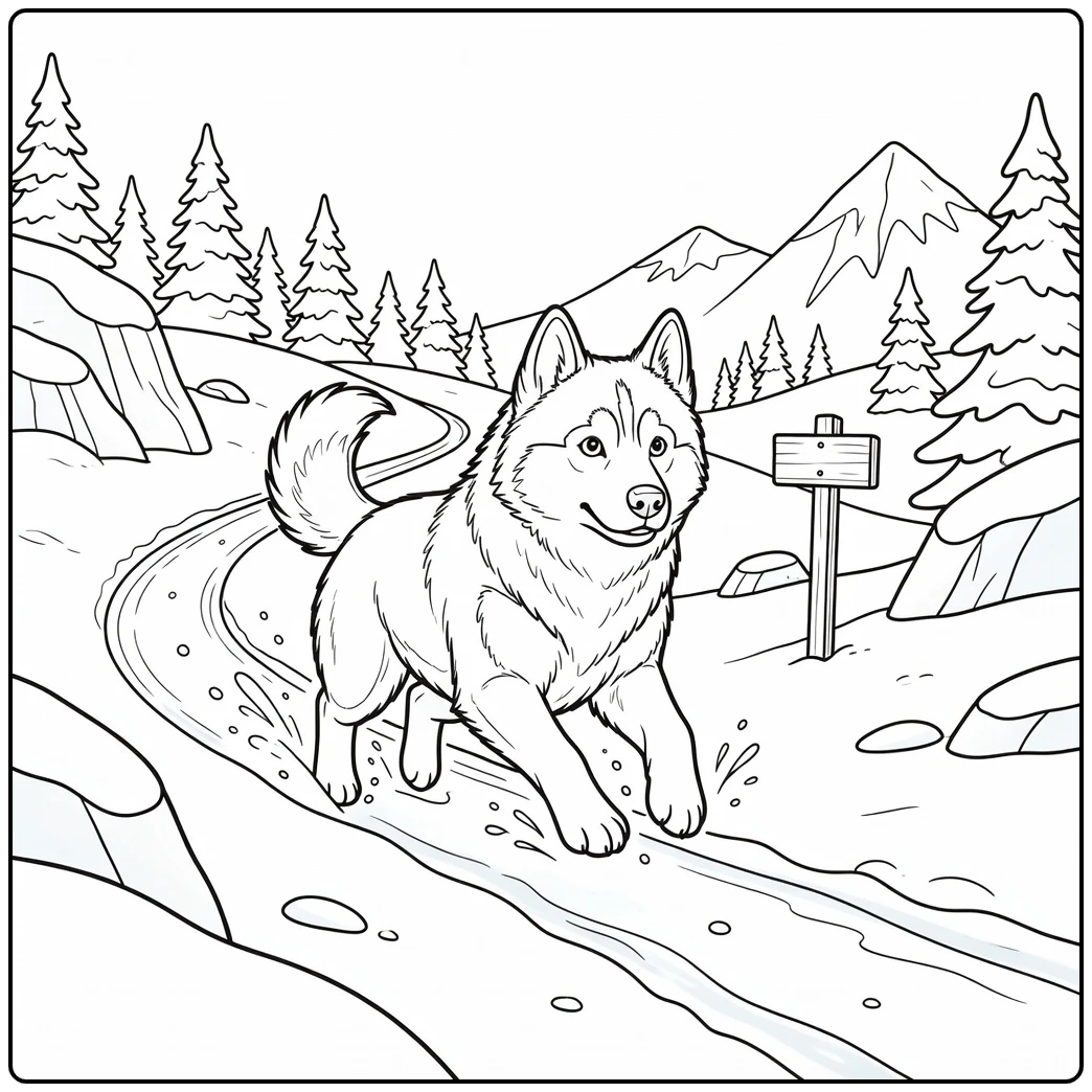 Dog running coloring page: Husky charges snowy mountain pass