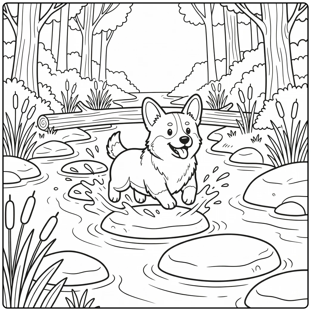Dog running coloring page: joyful Corgi on stream stones