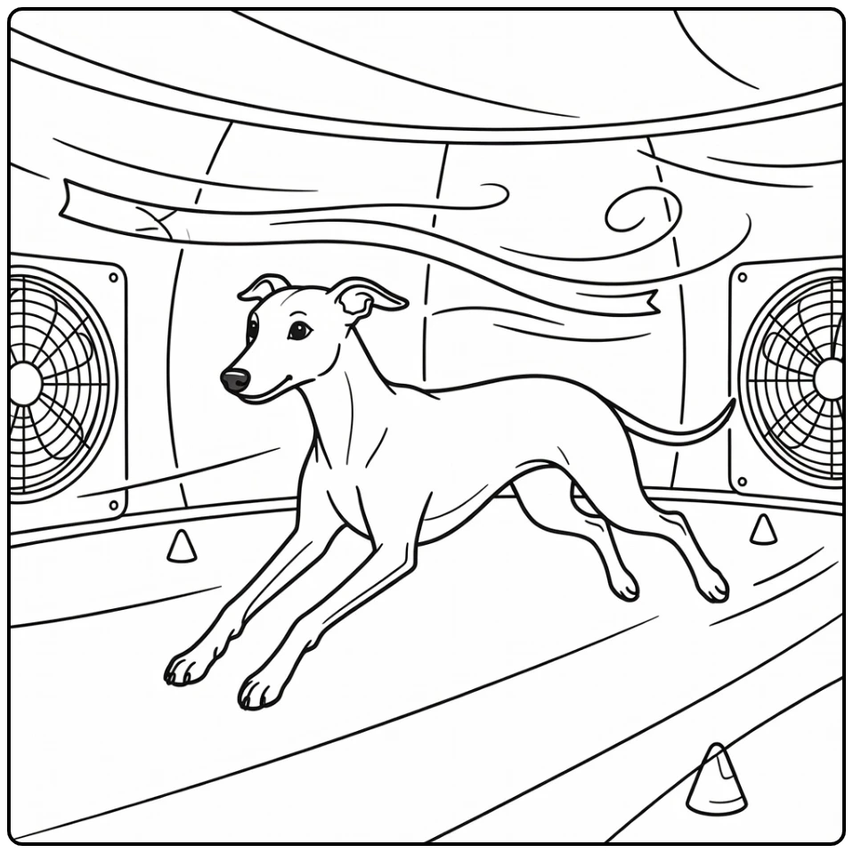 Dog running coloring page: Whippet sprinting in wind tunnel