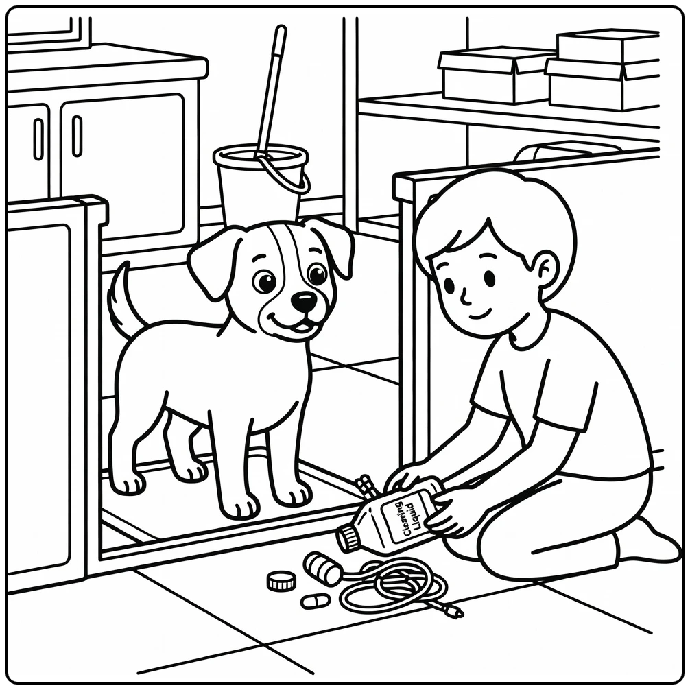 Dog safety coloring pages: pup safe behind gate from hazards