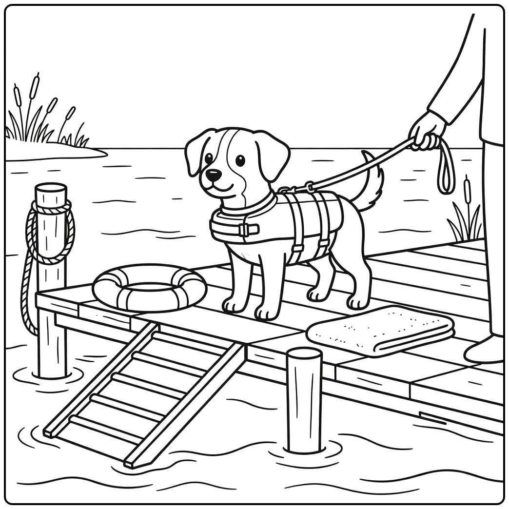 Dog safety coloring pages: leashed pup in life jacket on dock