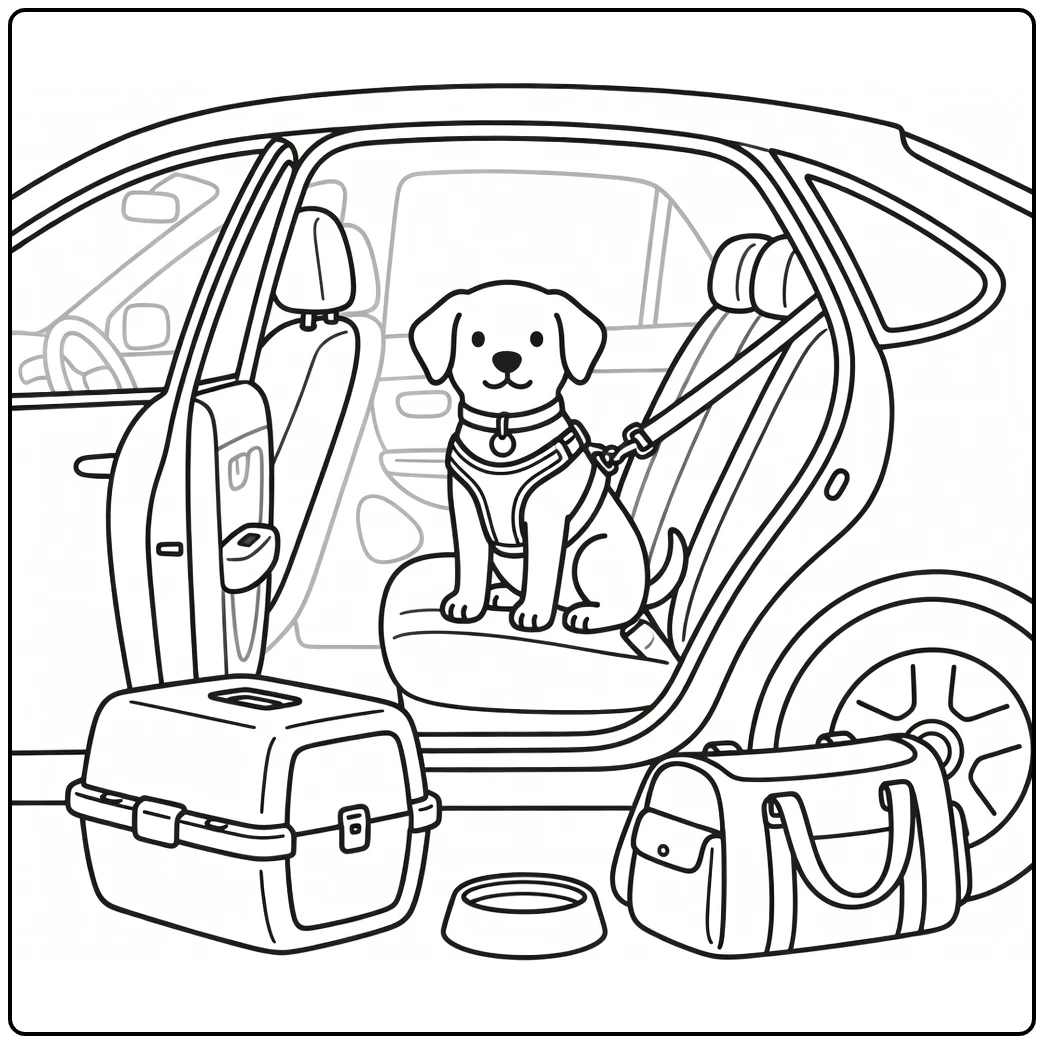 Dog safety coloring pages: harnessed pup in car backseat