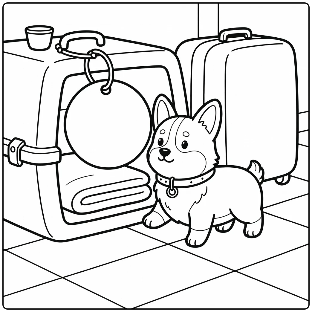Dog tag coloring page: Corgi steps into crate with swinging blank tag
