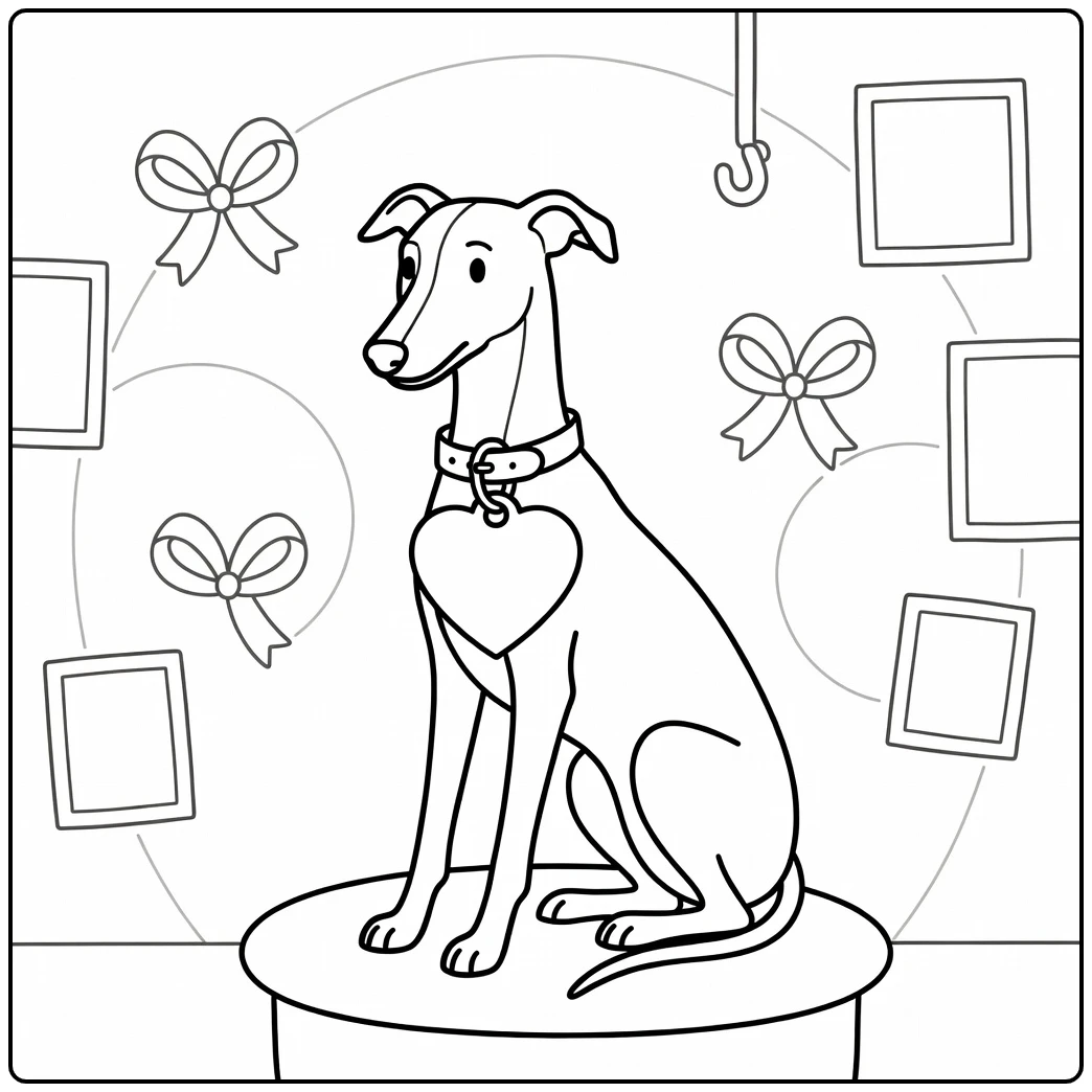 Dog tag coloring page: Greyhound with heart ID tag