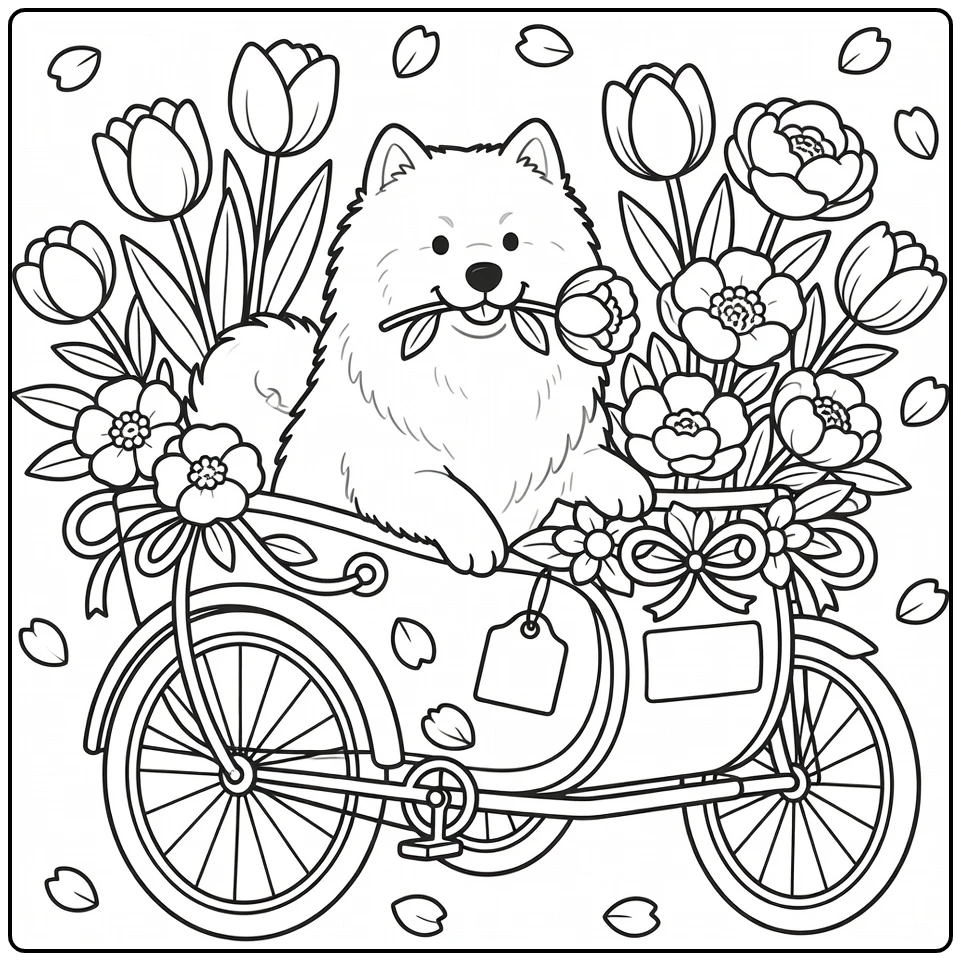 Dog with flowers coloring page: Samoyed in tulip sidecar