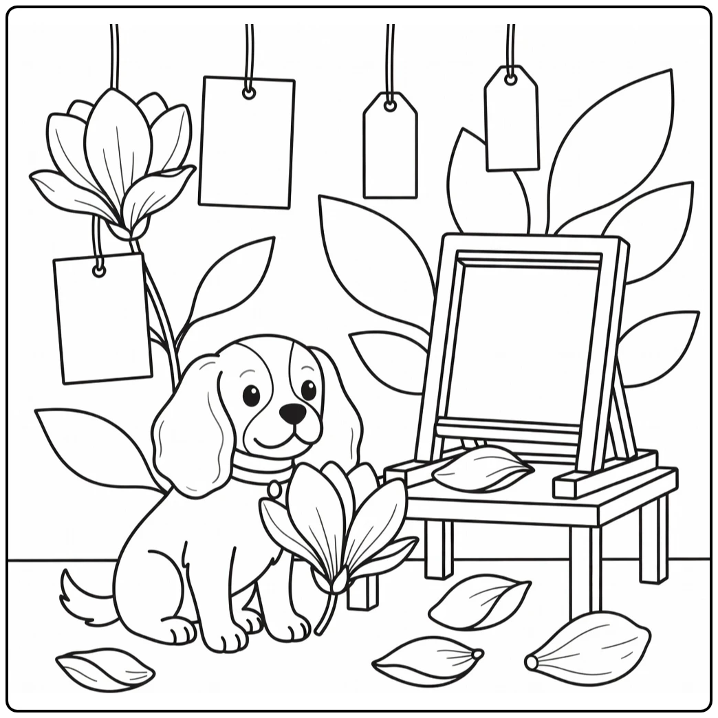 Dog with flowers coloring page: Cavalier Spaniel nudges magnolia