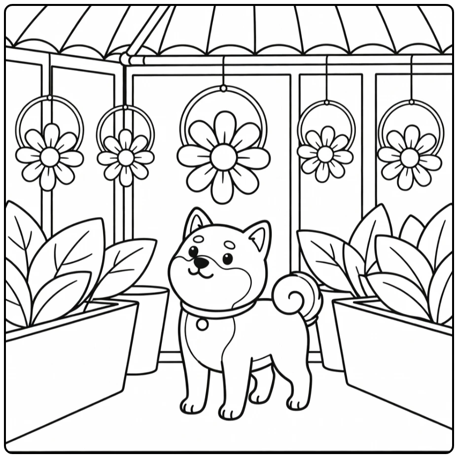 Dog with flowers coloring page: Shiba Inu under daisy ring