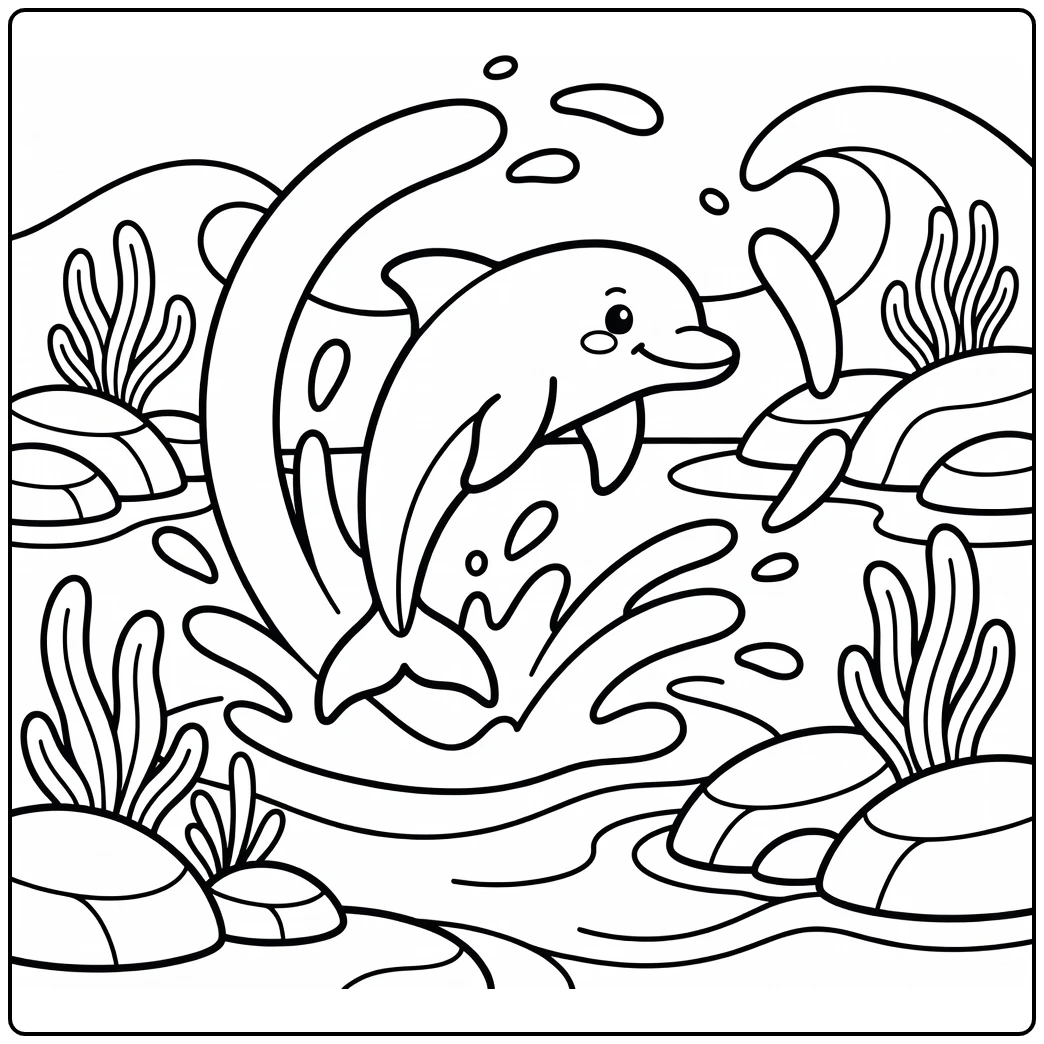 Leaping dolphin in rocky cove wild animals coloring page