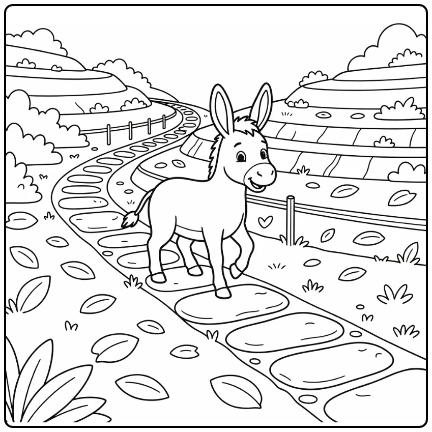 Donkey coloring page with cute donkey on hillside path