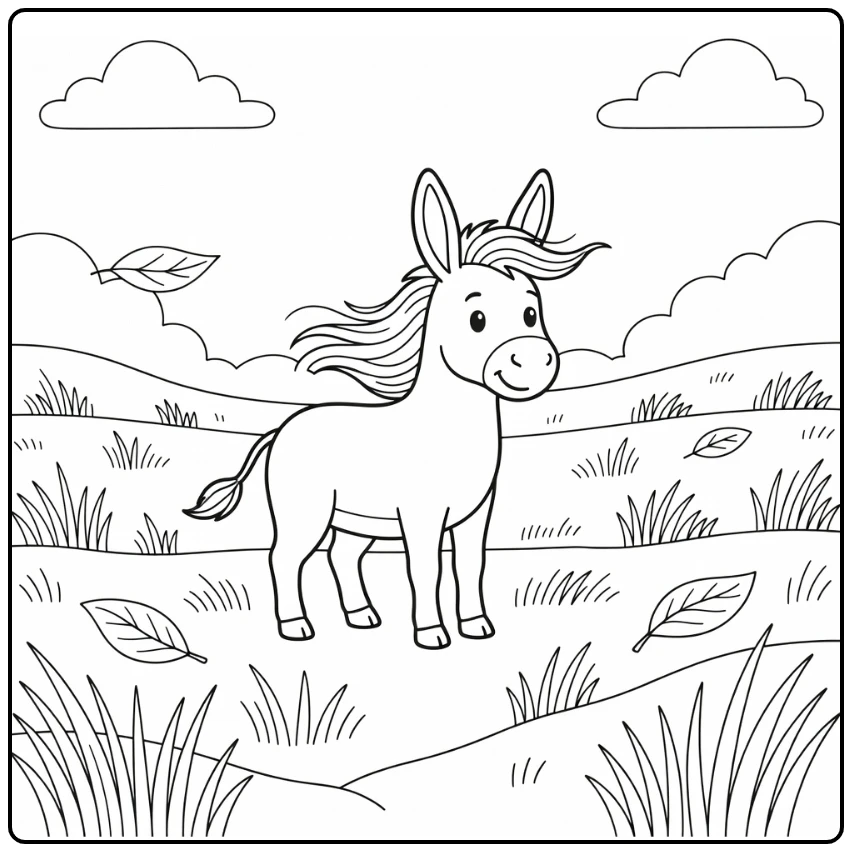 Donkey coloring page in windy field with grass and clouds