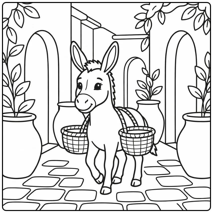 Adorable donkey coloring page in quiet village with baskets