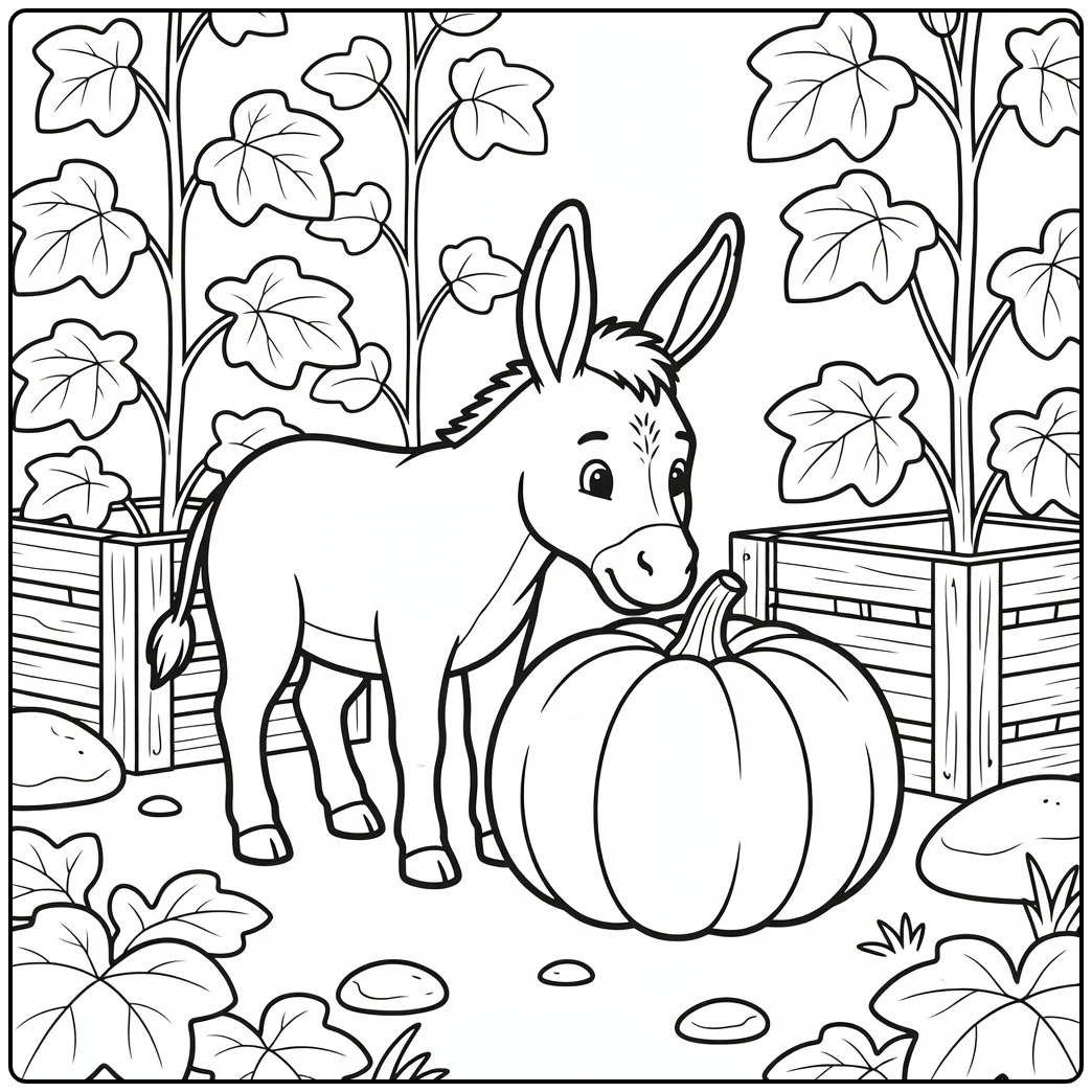 Donkey coloring page cute donkey sniffs pumpkin in garden