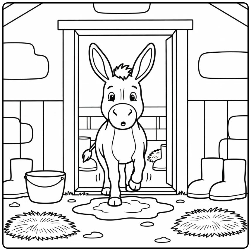Donkey coloring page cute donkey at stable mud patch