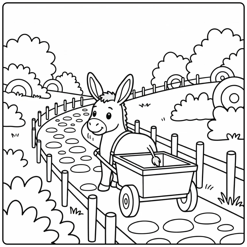 Donkey Coloring Page with Cart on Country Path