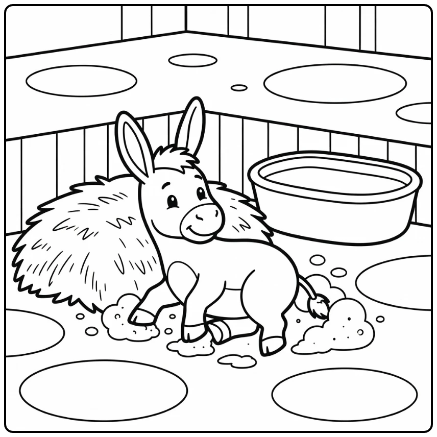 Donkey coloring page of relaxed donkey in farmyard dust bath