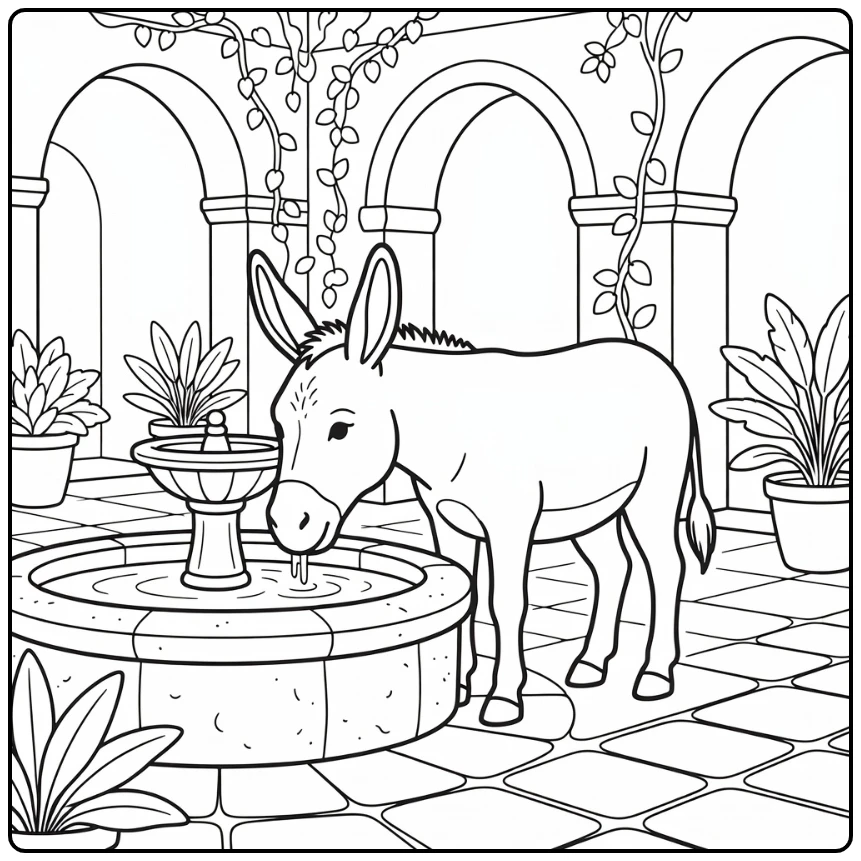 Donkey coloring page for adults donkey at stone fountain