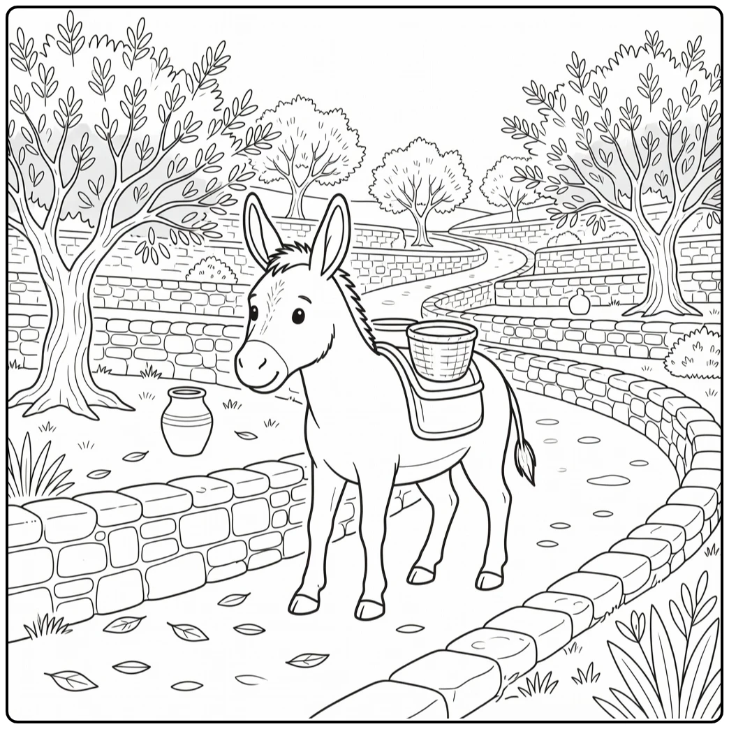 Peaceful Donkey Coloring Page for Adults with Olive Grove
