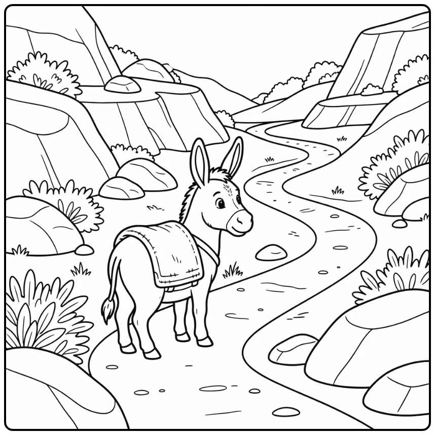 Donkey coloring page for adults with mountain switchback scene