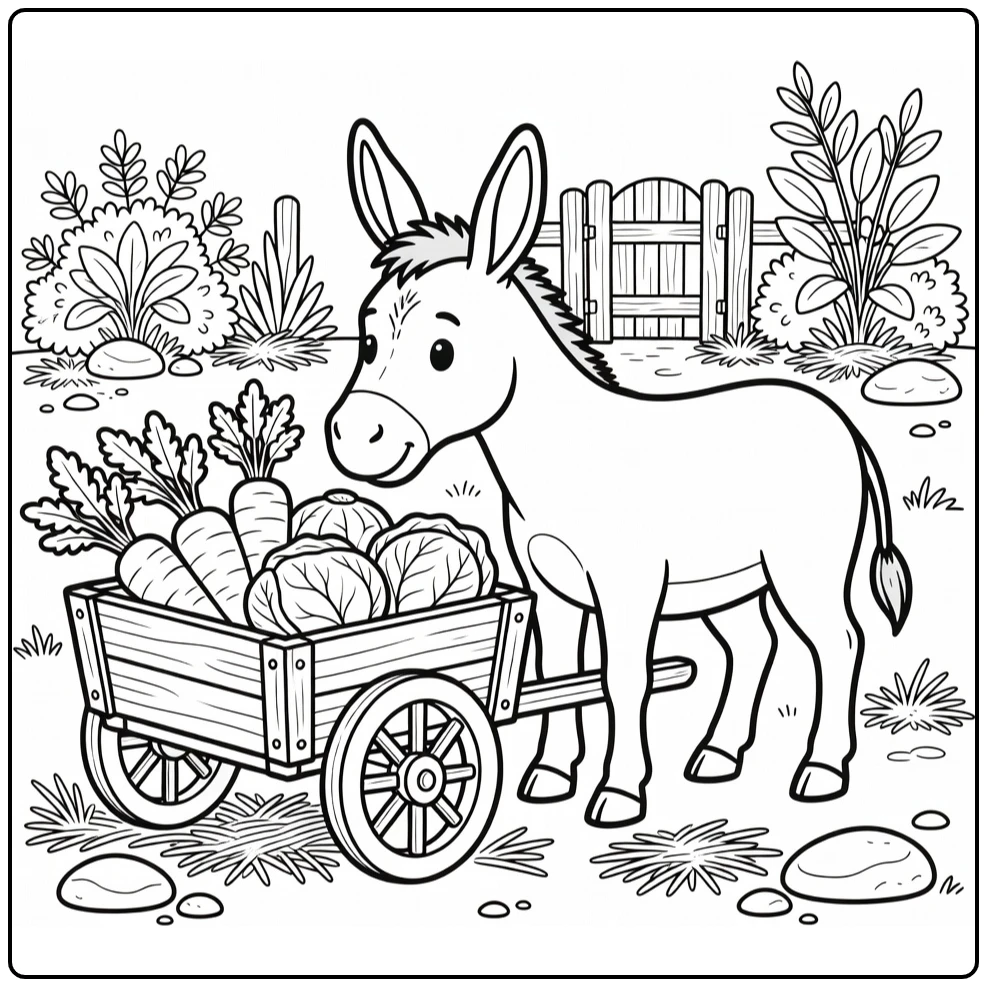 donkey coloring page for kids with garden cart and veggies