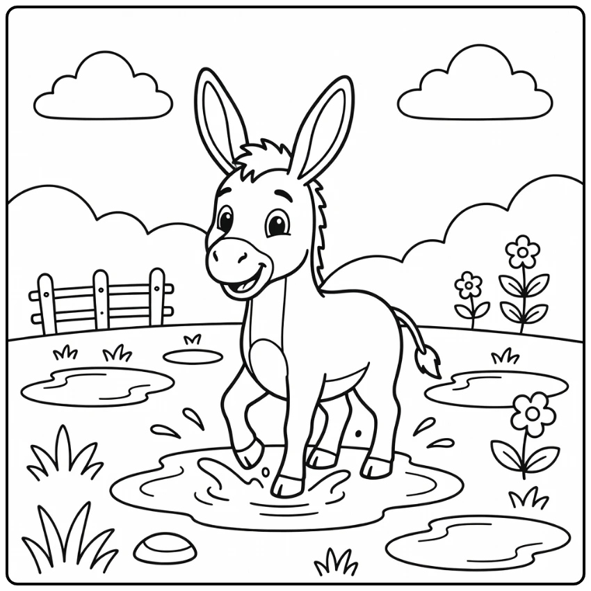 donkey coloring page for kids playful donkey in puddle scene