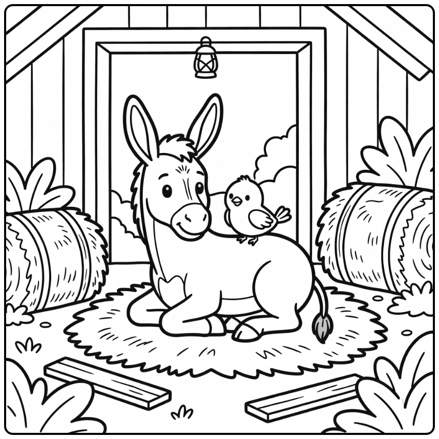 Donkey coloring page for kids with bird resting on back