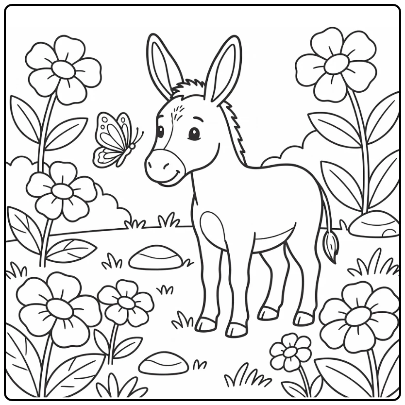 Donkey coloring page with butterfly near its nose